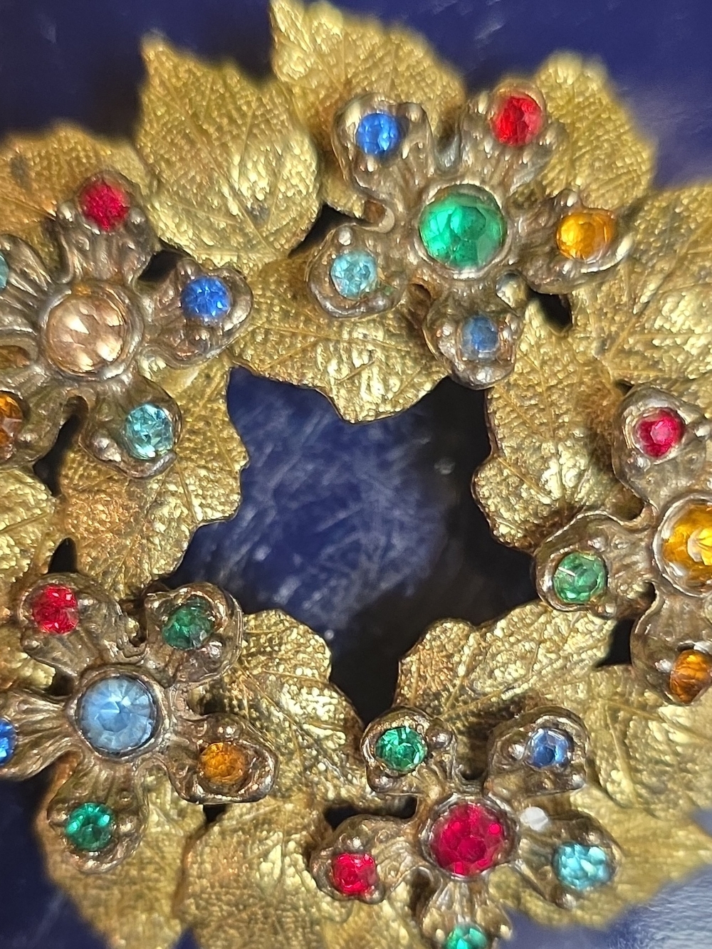 Vintage Gold-Tone Floral Wreath Brooch with Multicolor Rhinestones